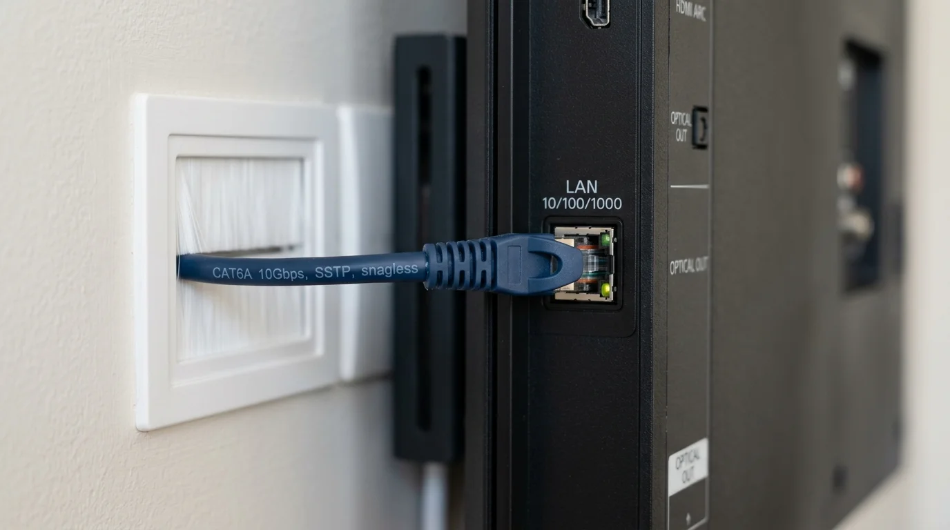 Running Cat6A Ethernet cable directly into the LAN port on the back of a wall-mounted Smart TV from a recessed wall brush plate in Stockport