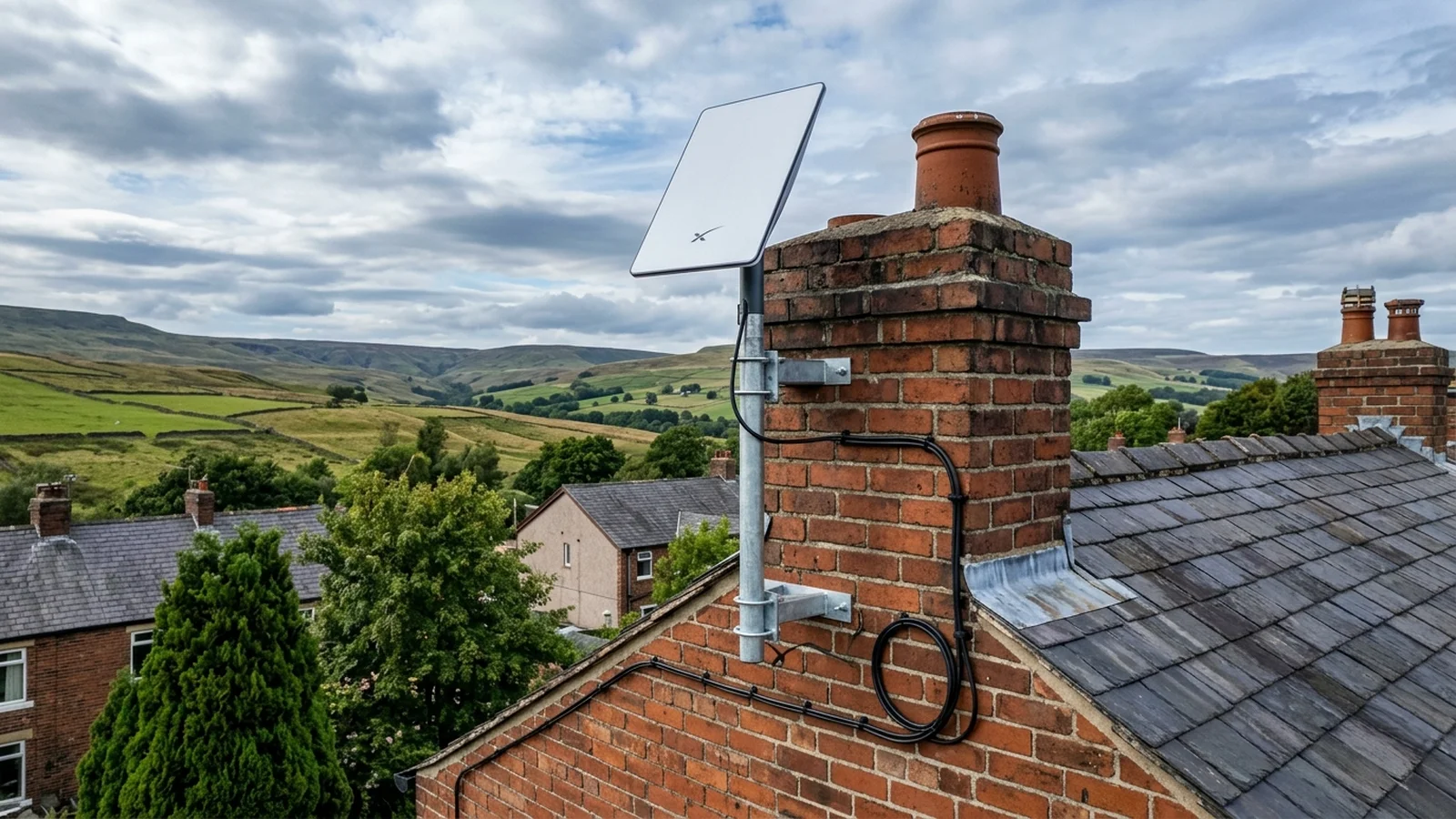 SpaceX Starlink Gen 3 flat panel satellite installation overlooking Feniscowles BB2