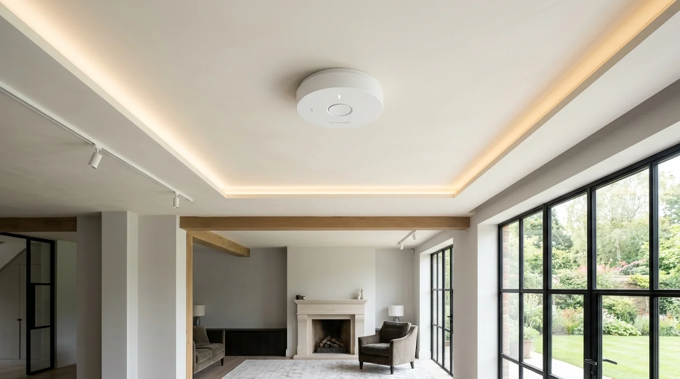 Discreet wireless fire alarm detector flush fitted on residential ceiling in the UK