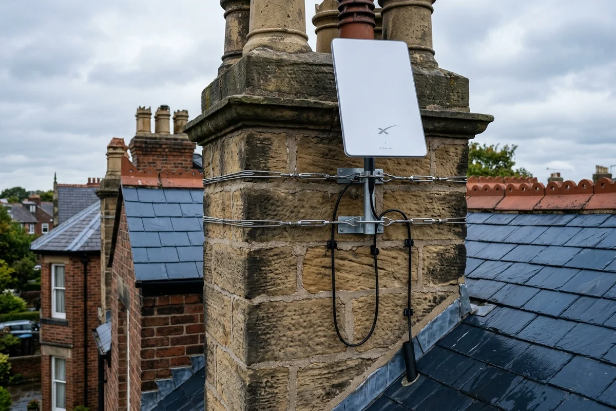 Starlink dish on roof in Gateshead on brick chimney with non-drill lashing cradle overlooking town