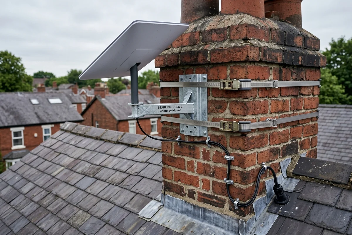 Starlink dish on roof in Hale on brick chimney with non-drill lashing cradle overlooking town