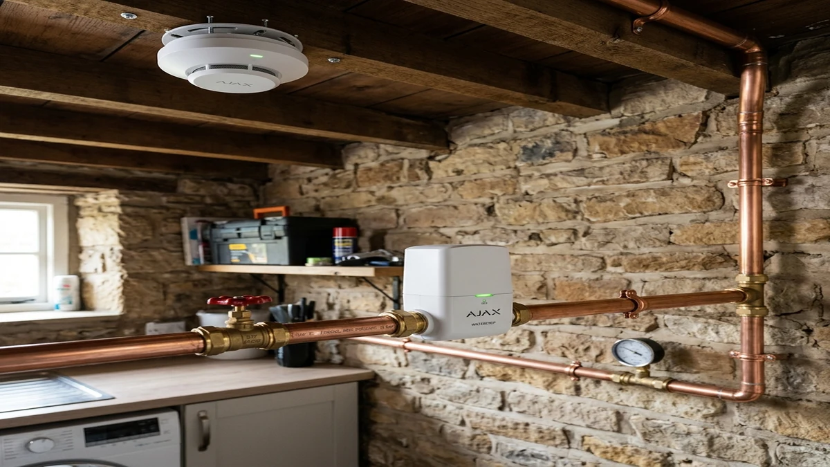 Ajax FireProtect 2 ceiling smoke detector and WaterStop electric smart shutoff valve installed cleanly on copper plumbing in a Wheatley home