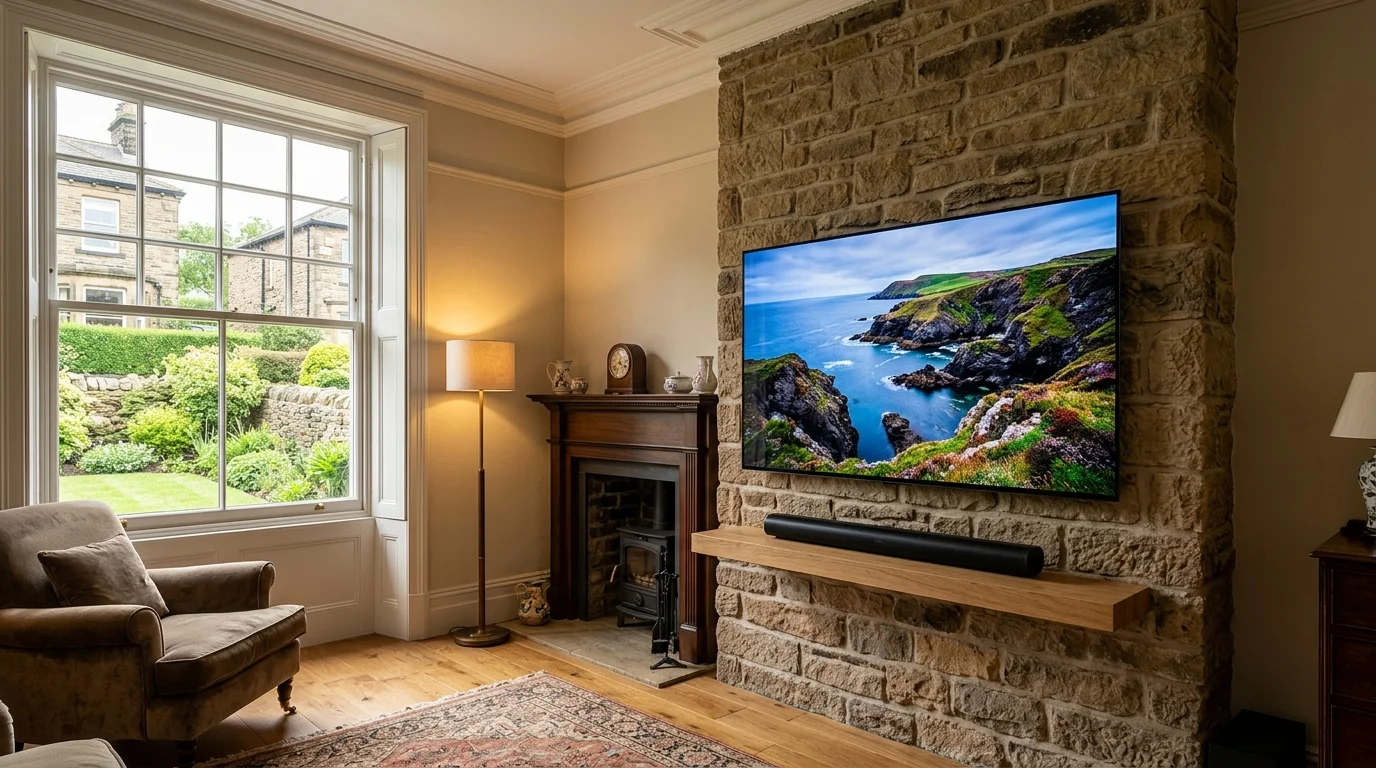 Professional TV wall mounting on Yorkshire stone and drywall in Halifax HX1-HX7
