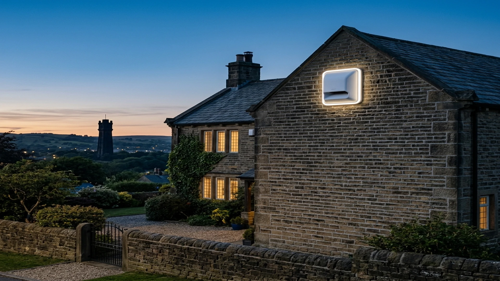 Ajax StreetSiren double outdoor acoustic sounder installed on Halifax stone facade