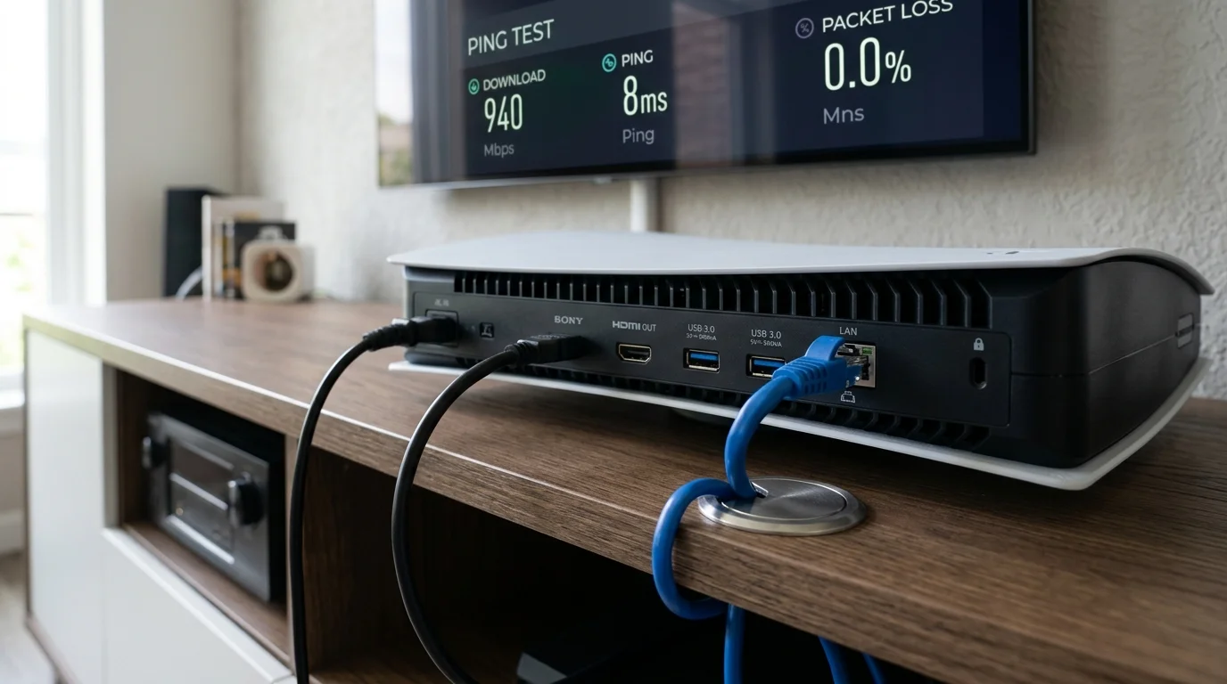Hardwire Cat6A shielded Ethernet cable plugged into the gigabit LAN port on the back of a PlayStation 5 in Stockport