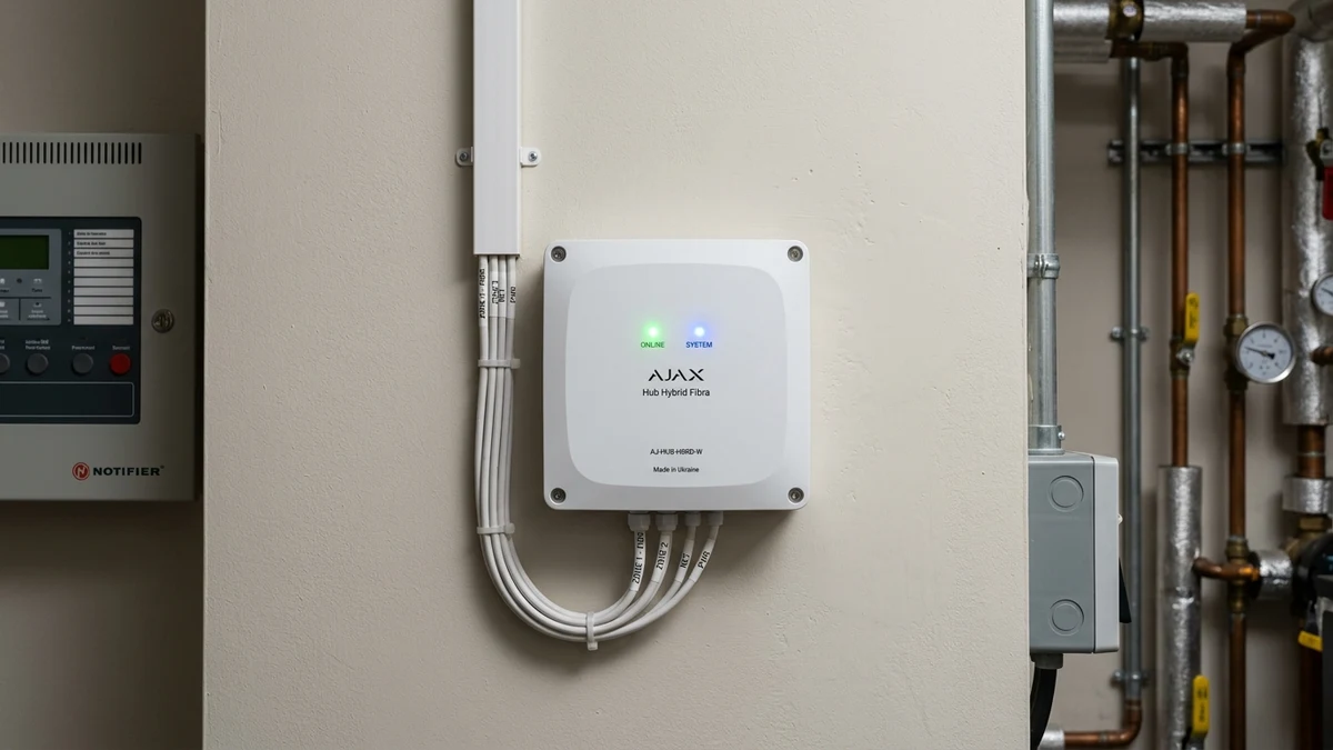Commercial communications rack housing Ajax Hub Hybrid with neatly laced 4-core bus lines in Boroughbridge