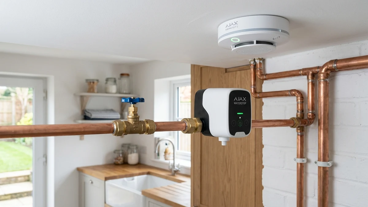Ajax FireProtect 2 ceiling smoke detector and WaterStop electric smart shutoff valve installed cleanly on copper plumbing in a Boroughbridge home