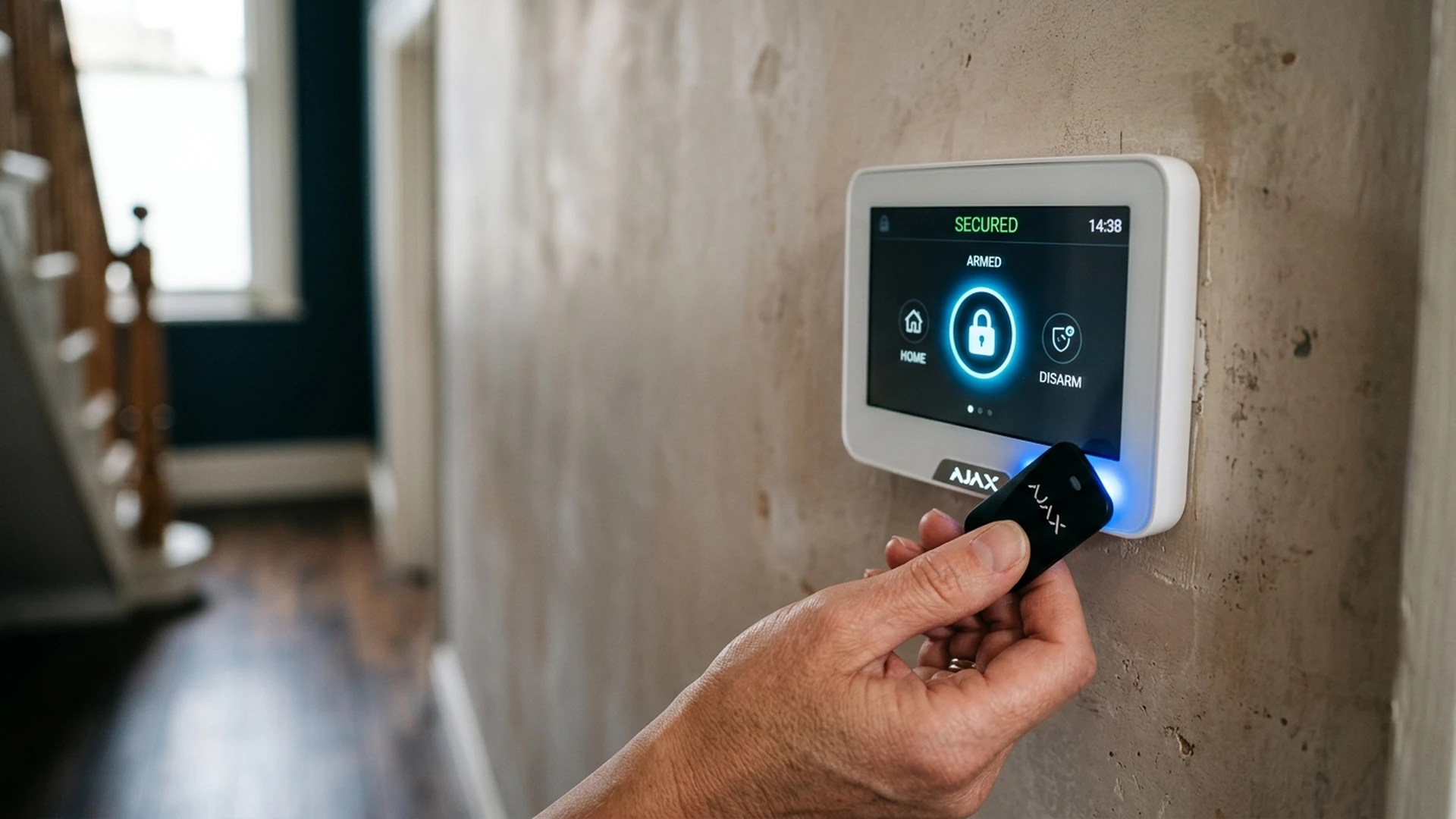 Ajax MotionCam Outdoor wireless detector mounted on weathered North York red brick exterior wall in Boroughbridge