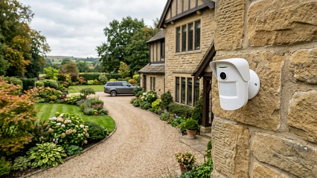 Ajax MotionCam Outdoor mounted on exterior brickwork monitoring a Boroughbridge residential driveway