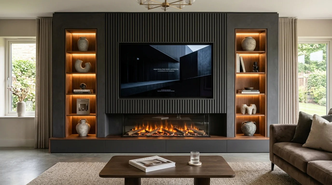 Luxury timber media wall with electric fireplace in Harrogate home