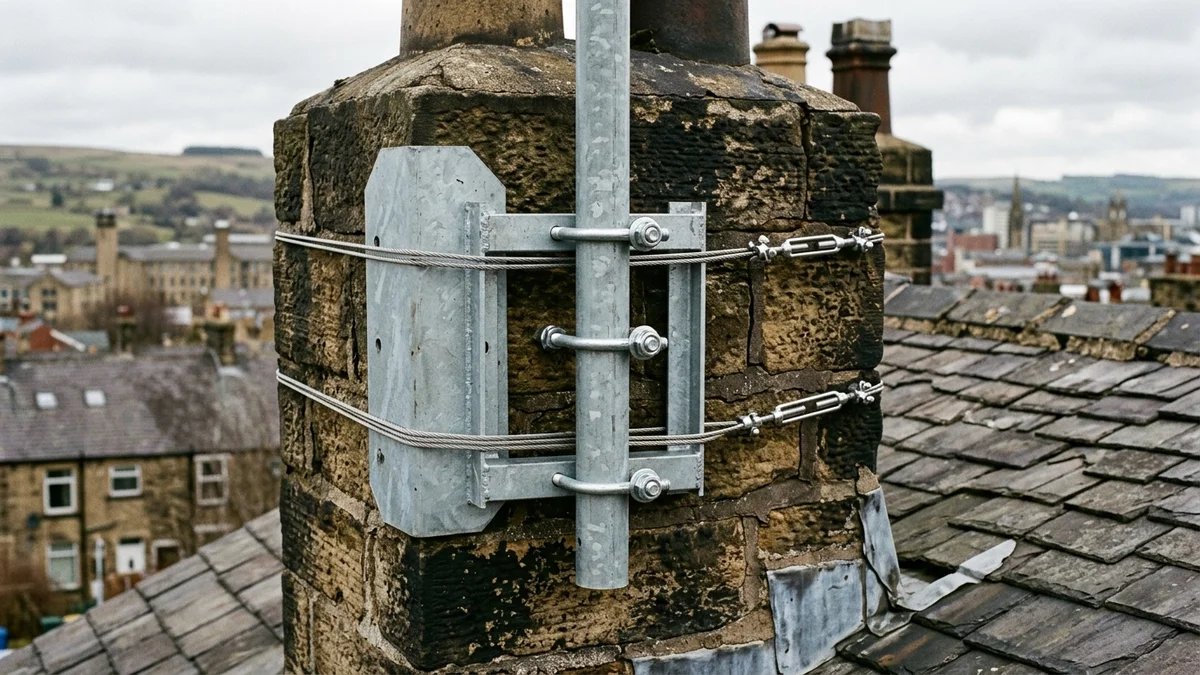 Heavy-duty chimney lashing cradle and mast on Harrogate stone property