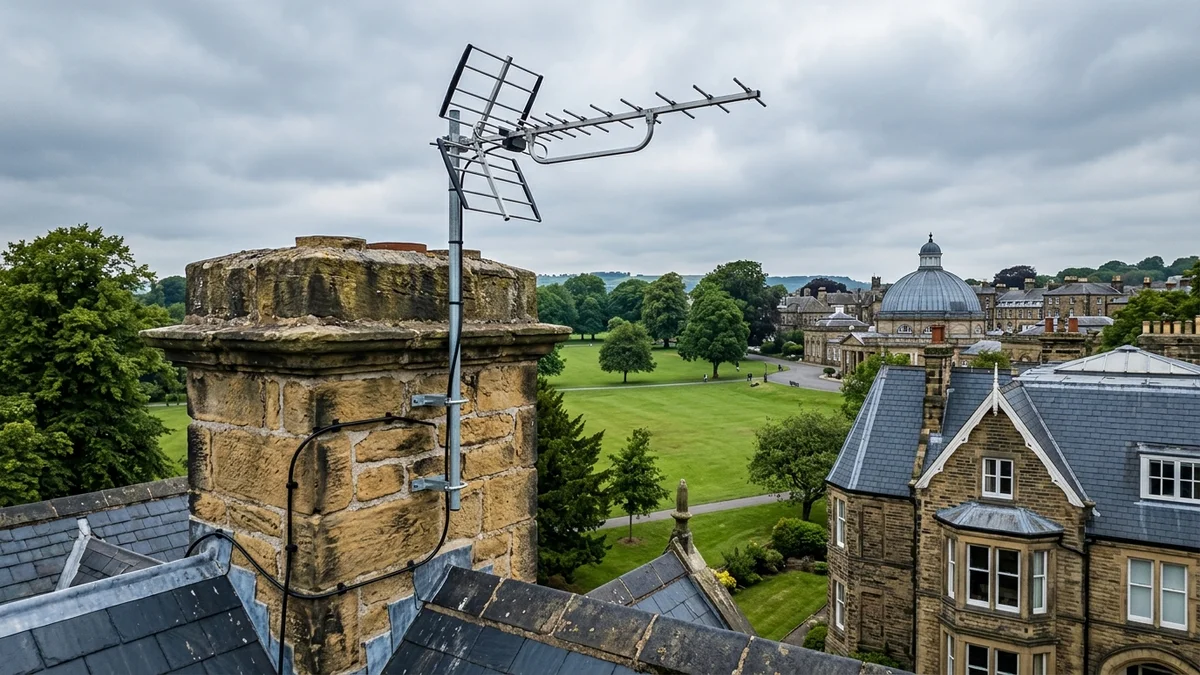 Professional digital TV aerial installation in Knaresborough on traditional British chimney stack with galvanized Pennine storm brackets