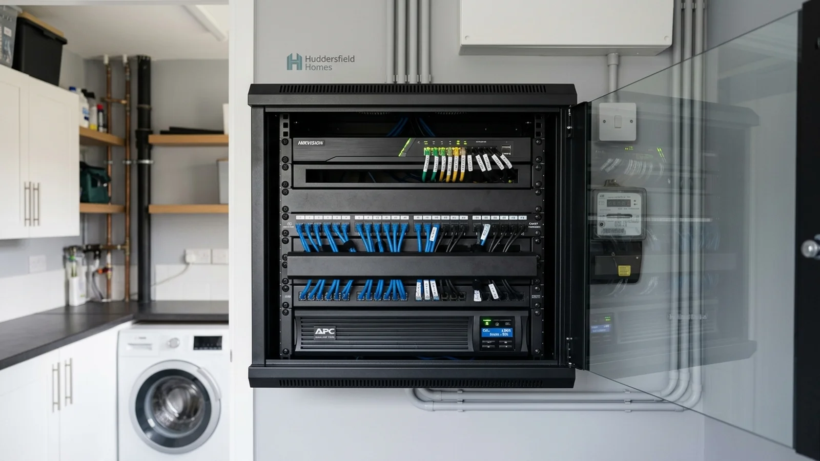 Professional 8-channel PoE NVR comms rack setup in Hedon home