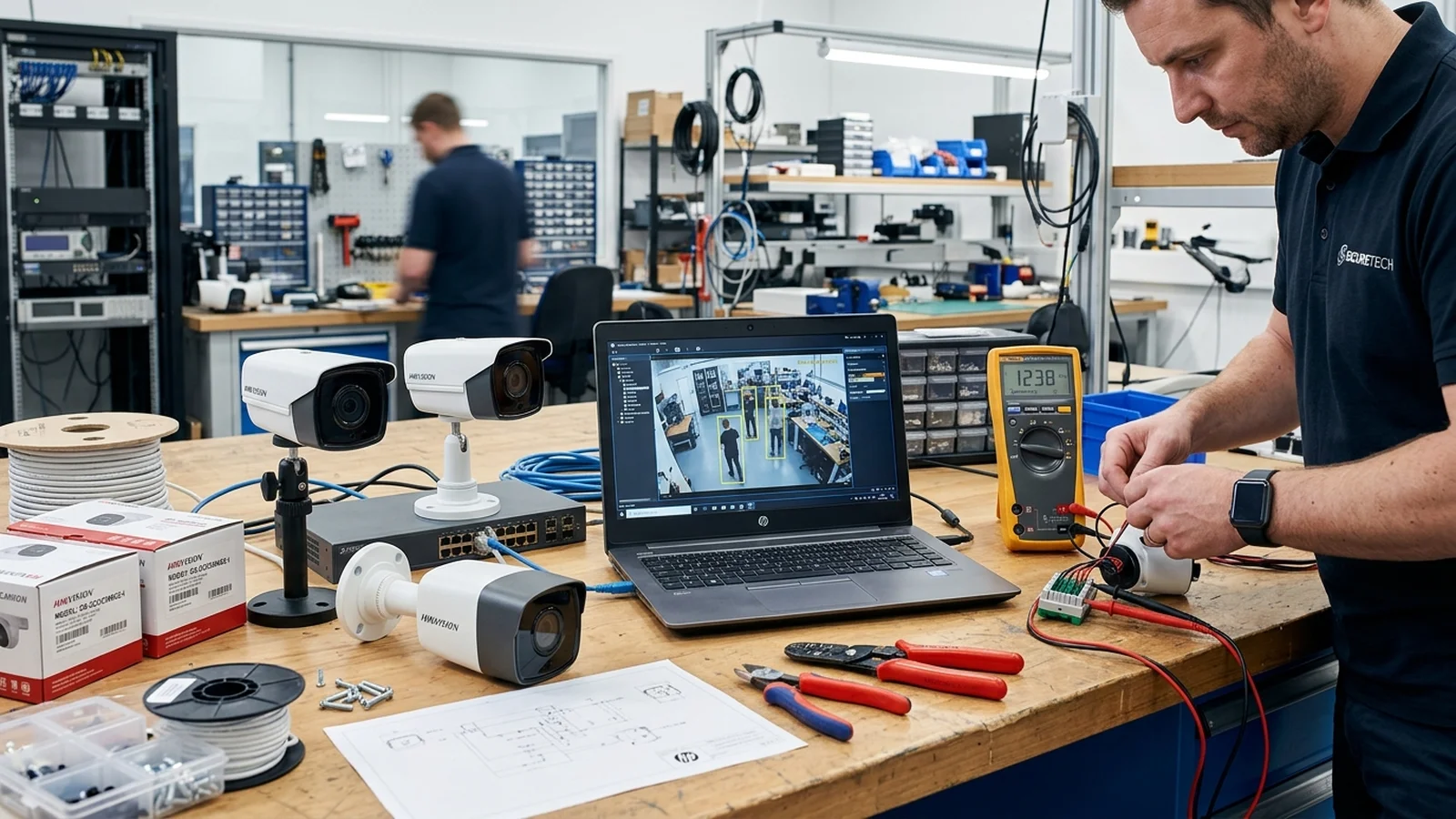 Security engineering diagnostic workbench with commercial Hikvision and Dahua IP CCTV cameras connected to an analytics laptop.