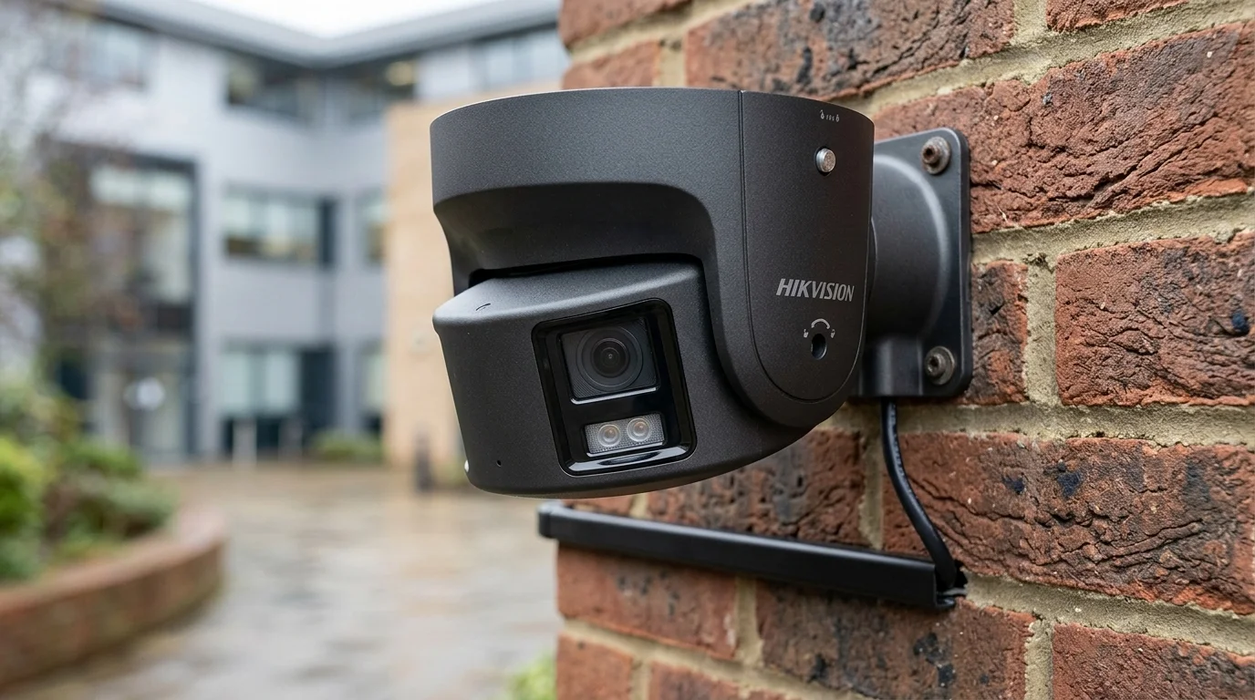 Modern Hikvision panoramic 8K CCTV camera installation showing sleek dark-graphite dual-sensor turret surveillance on exterior brickwork
