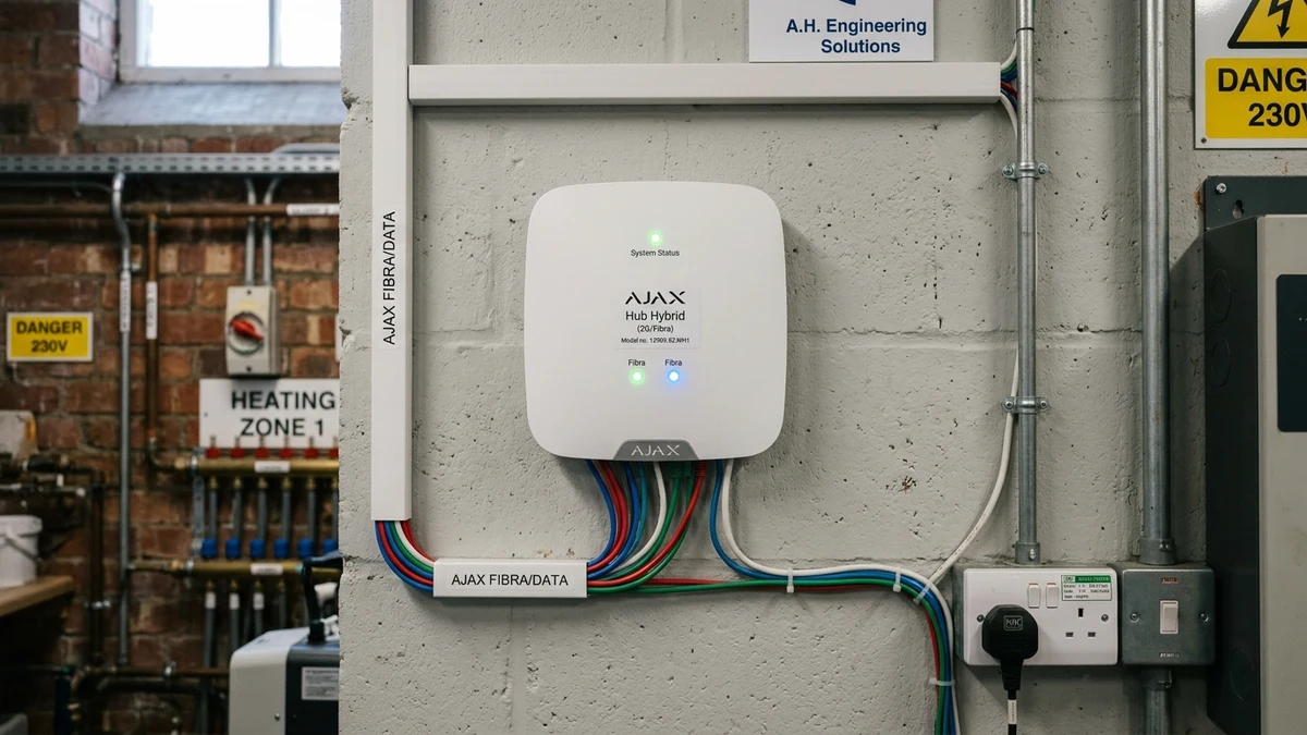 Ajax Fibra hybrid wired alarm control panel bus wiring for Huddersfield estate