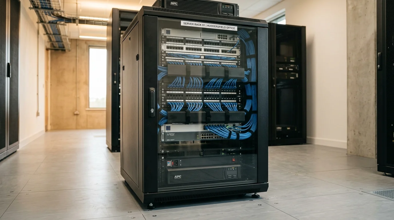Professional 19-inch comms rack with Cat6a patch panels and neat cable dressing in Huddersfield