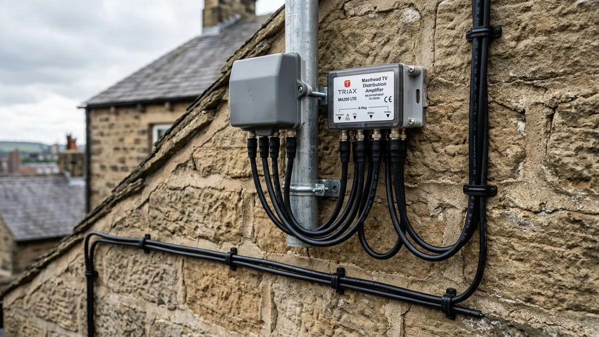TV aerial cable routing along Huddersfield stonework