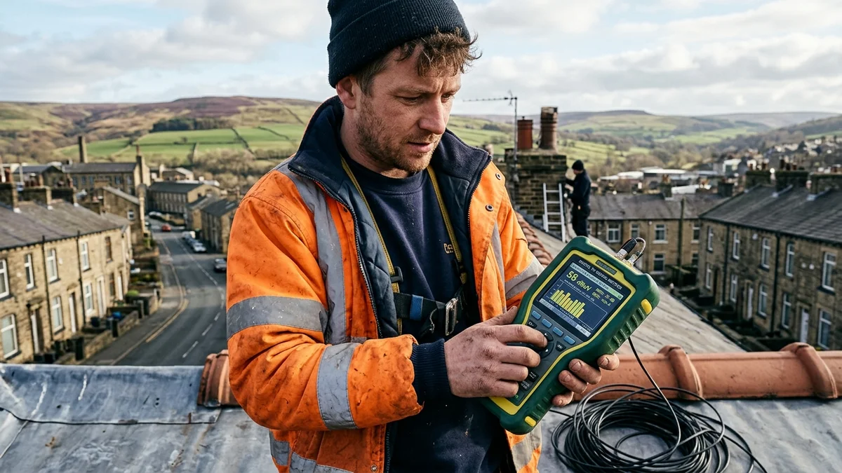 Digital TV aerial field strength meter alignment in Huddersfield