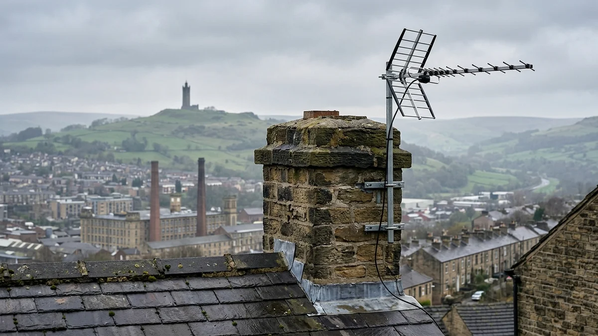 High-gain digital TV aerial installation in Huddersfield aligned to Emley Moor transmitter