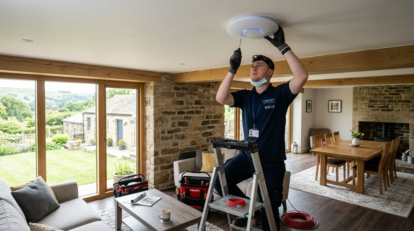 Commercial grade ceiling mounted Wi-Fi 6 access point installed in Huddersfield residence