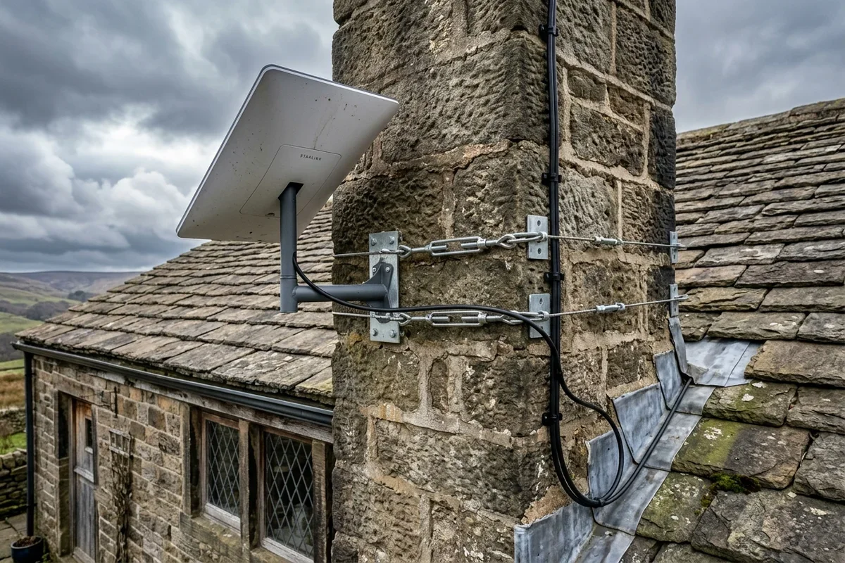 Starlink dish on roof in Lees on brick chimney with non-drill lashing cradle overlooking town