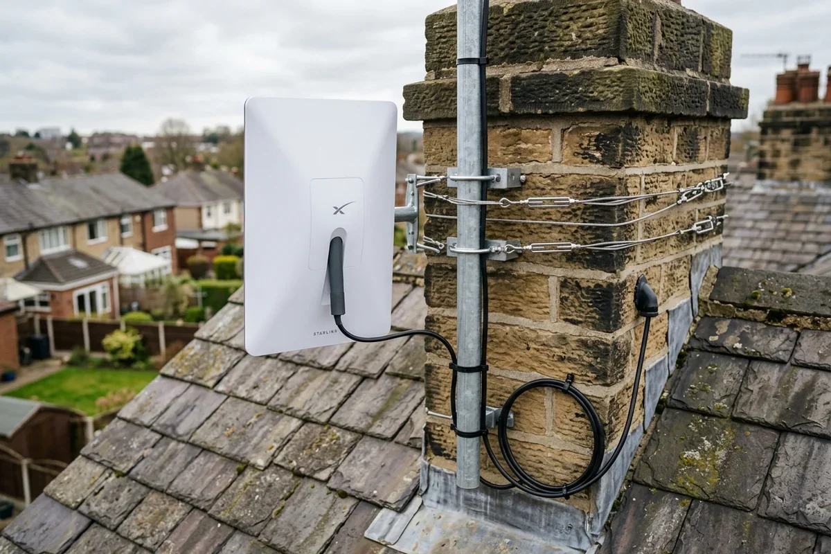 Starlink dish mounted securely on chimney in Leigh