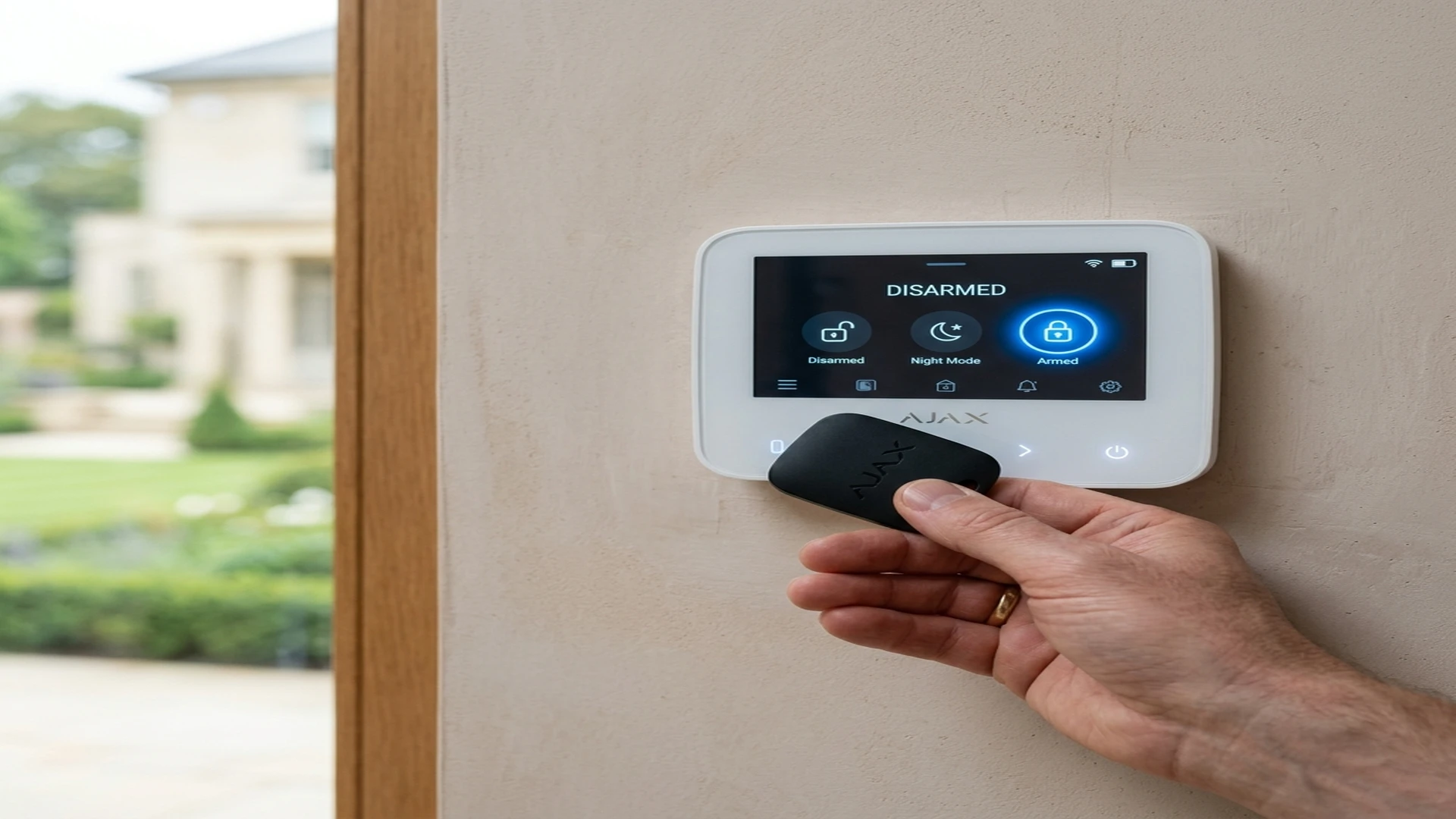 Ajax MotionCam Outdoor wireless detector mounted on weathered Lincoln red brick exterior wall in Lincoln