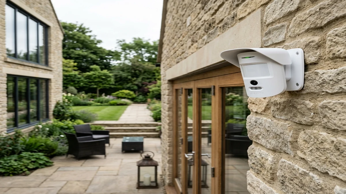 Ajax MotionCam Outdoor mounted on exterior brickwork monitoring a Lincoln residential driveway