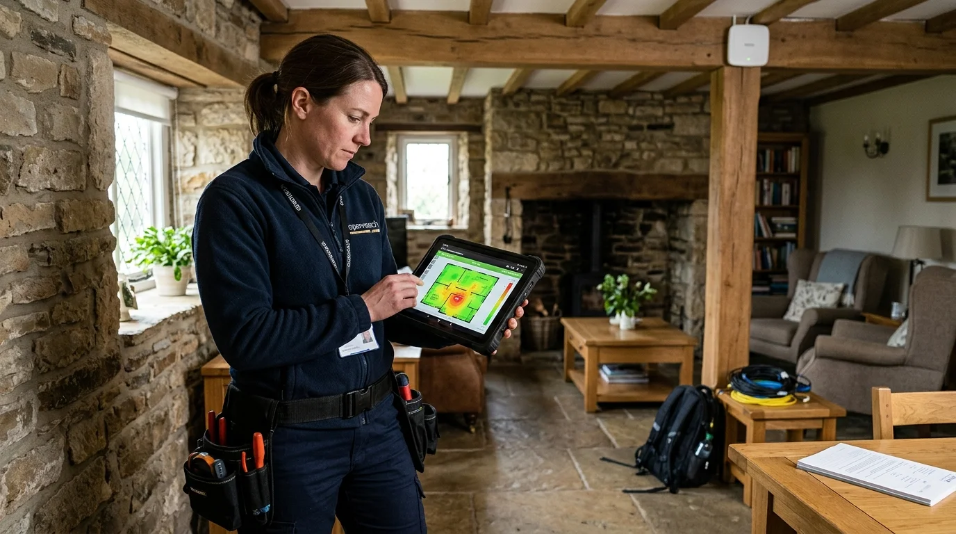 Network engineer conducting on-site RF spectrum survey and 3D signal heatmap in a Lincoln property