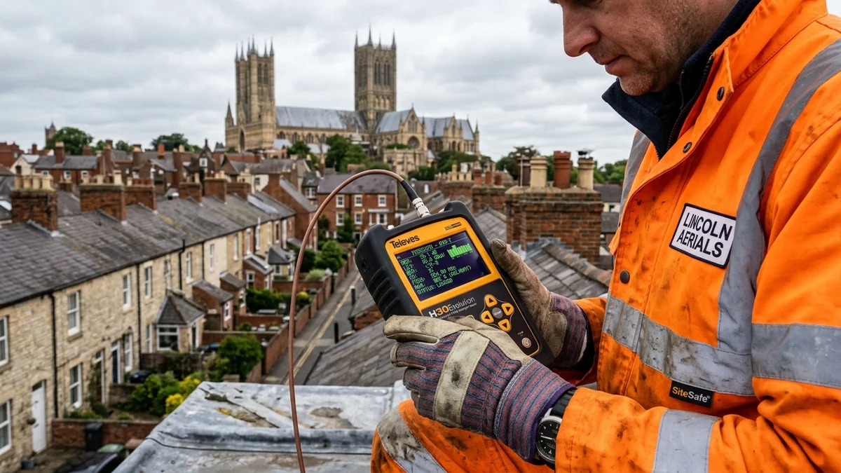 Engineer reading spectrum analyzer meter showing Belmont frequencies on Lincoln rooftop