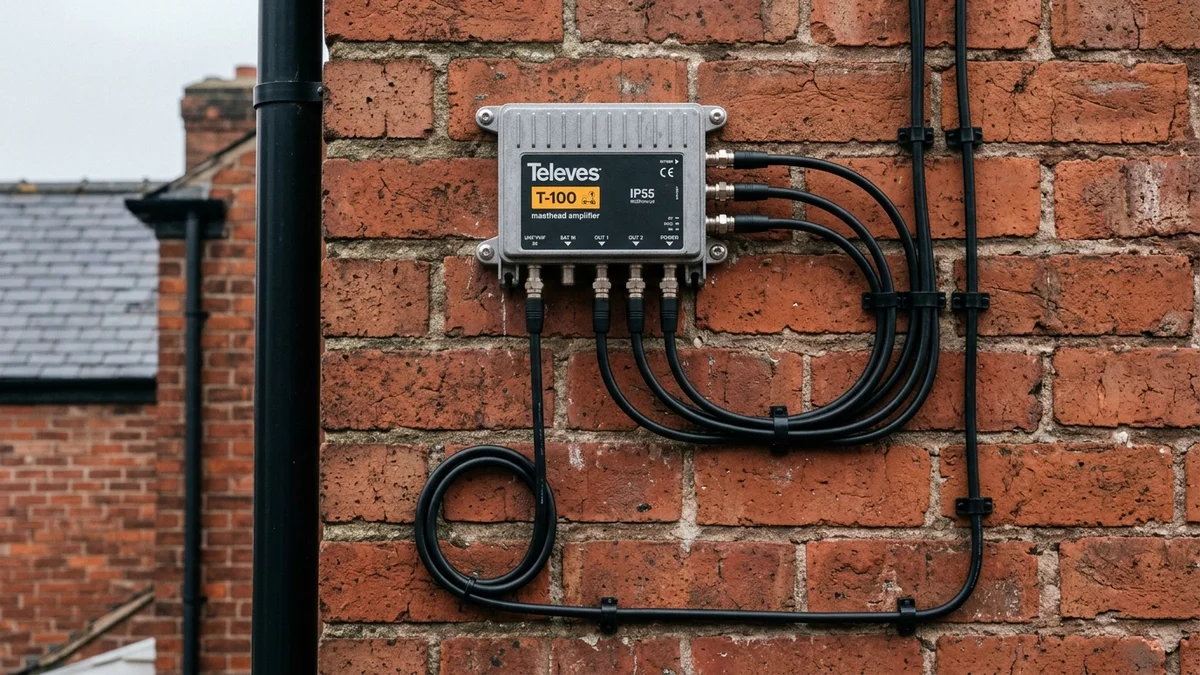 Shielded masthead amplifier and WF100 coax cable routed neatly on Liverpool masonry