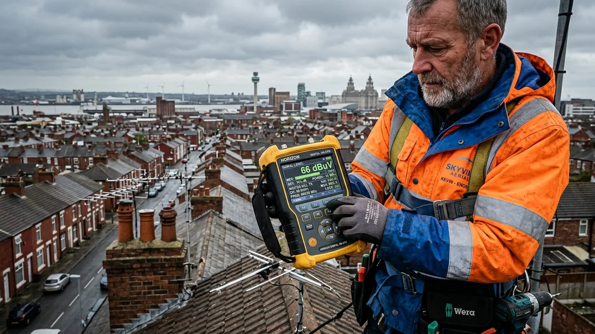 Engineer reading spectrum analyzer meter showing Winter Hill and Storeton frequencies on Liverpool rooftop