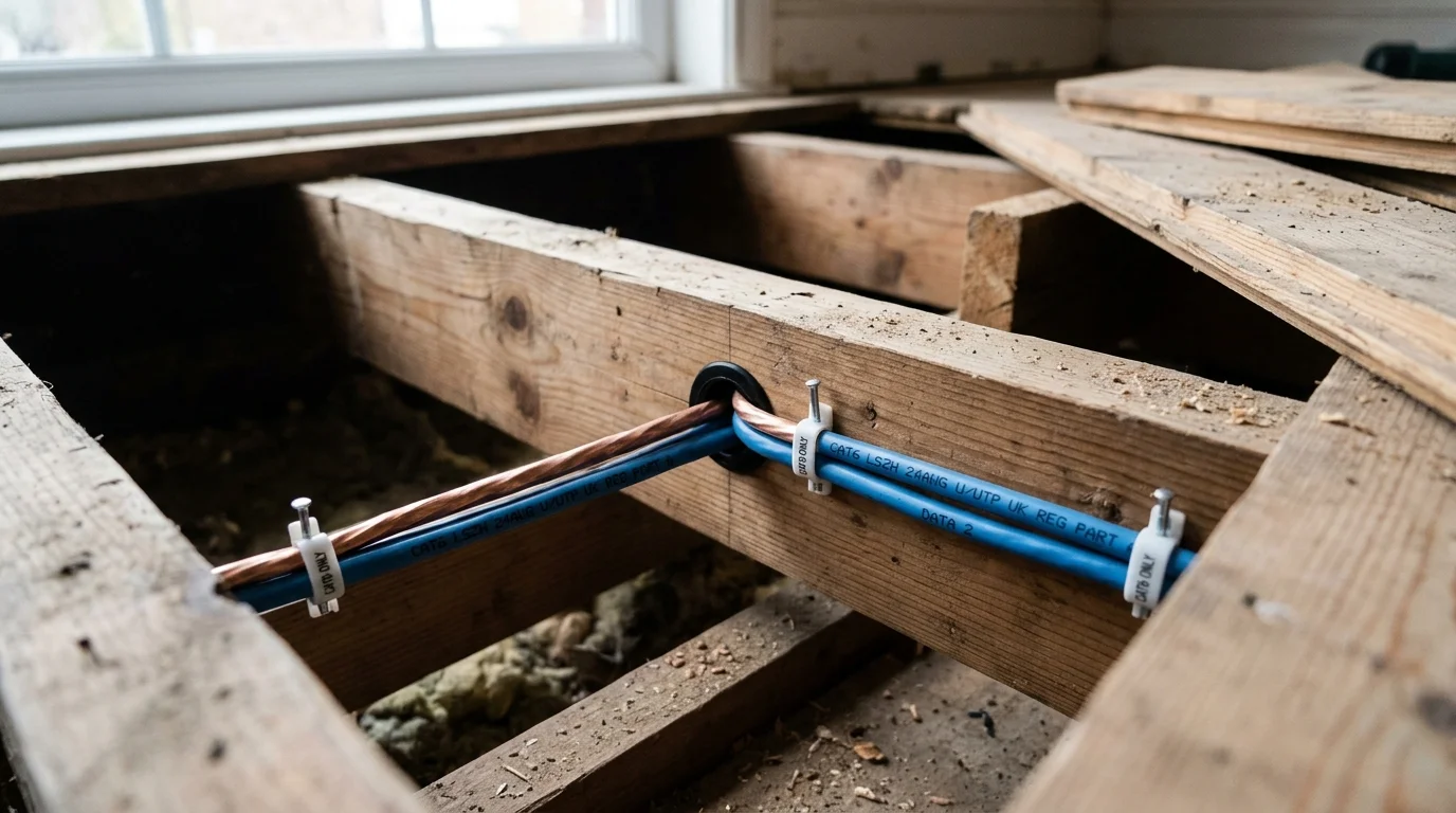 Lifted floorboard showing Cat6 cables routed through joist center holes with rubber grommets in Livesey home
