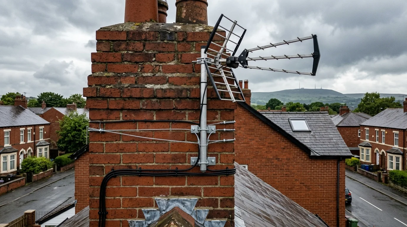 High gain digital TV aerial mounted with chimney lashing cradle on Livesey Branch Road Blackburn pointing to Winter Hill
