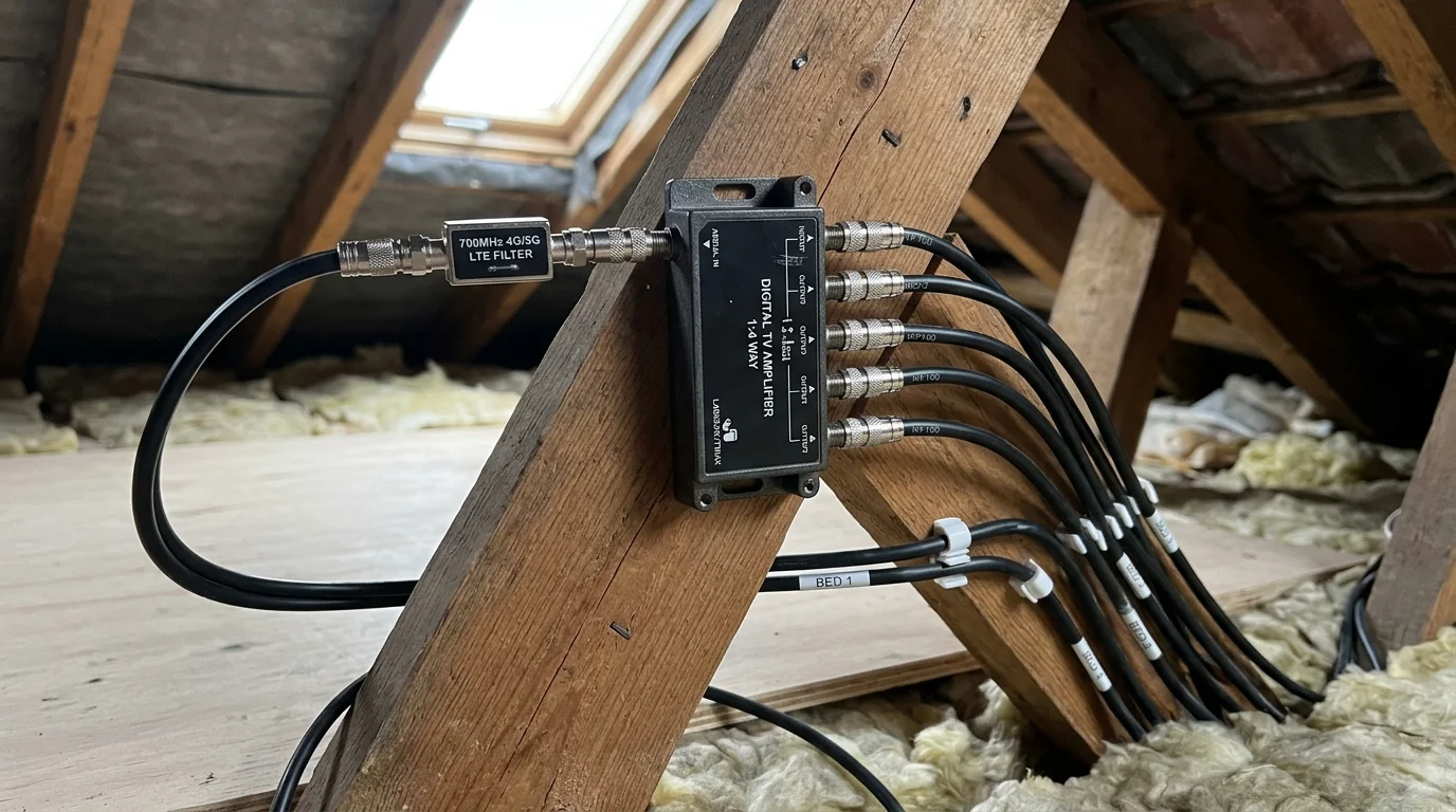 Multi-way digital TV amplifier with 700MHz LTE filter and WF100 cables labeled for bedrooms in Livesey loft