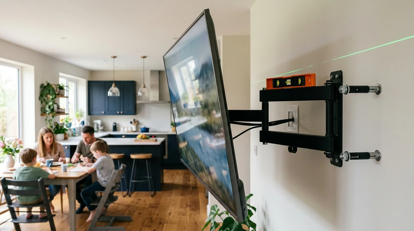 Heavy-duty cantilever swivel TV bracket mounted on dot and dab wall with CoreFix bolts in Livesey