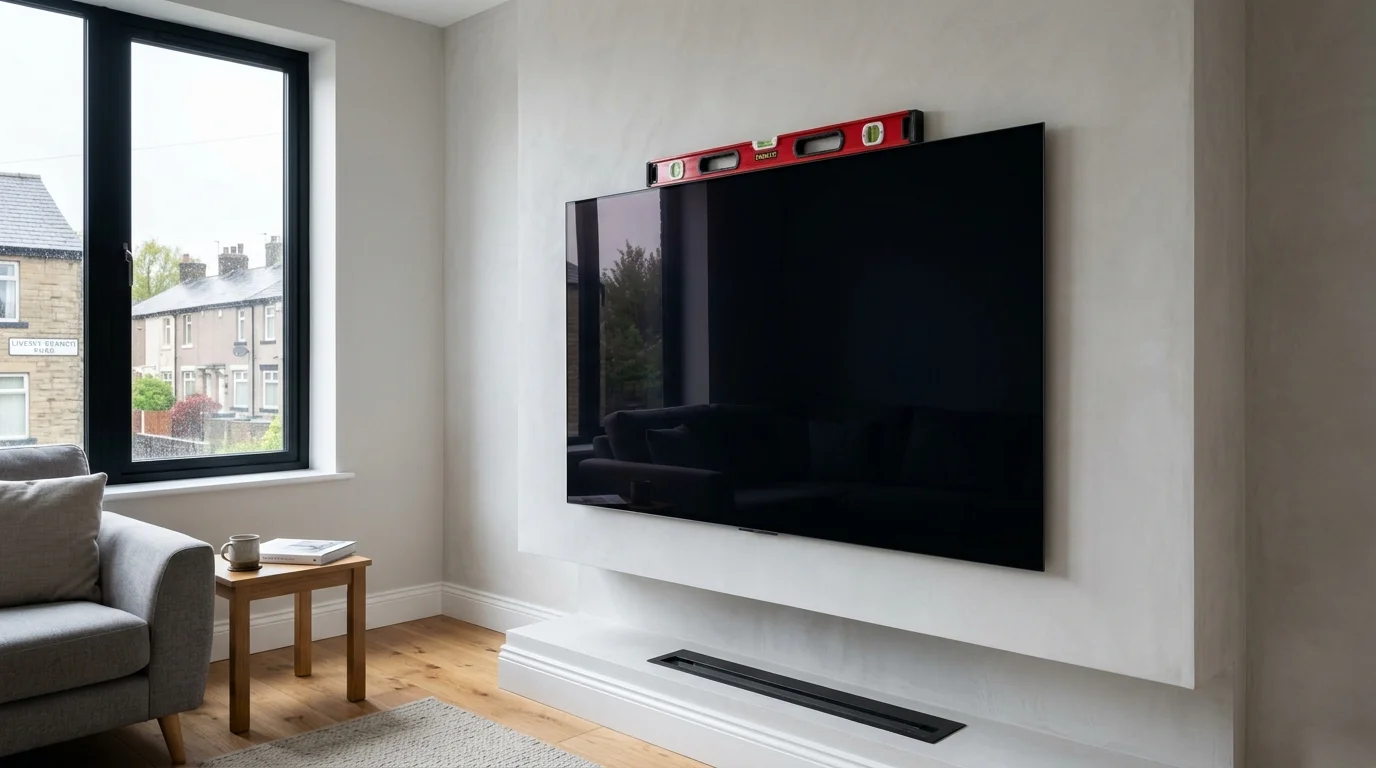 77-inch OLED TV flush mounted onto brick chimney breast in Livesey Blackburn by Gary Pearce with spirit level