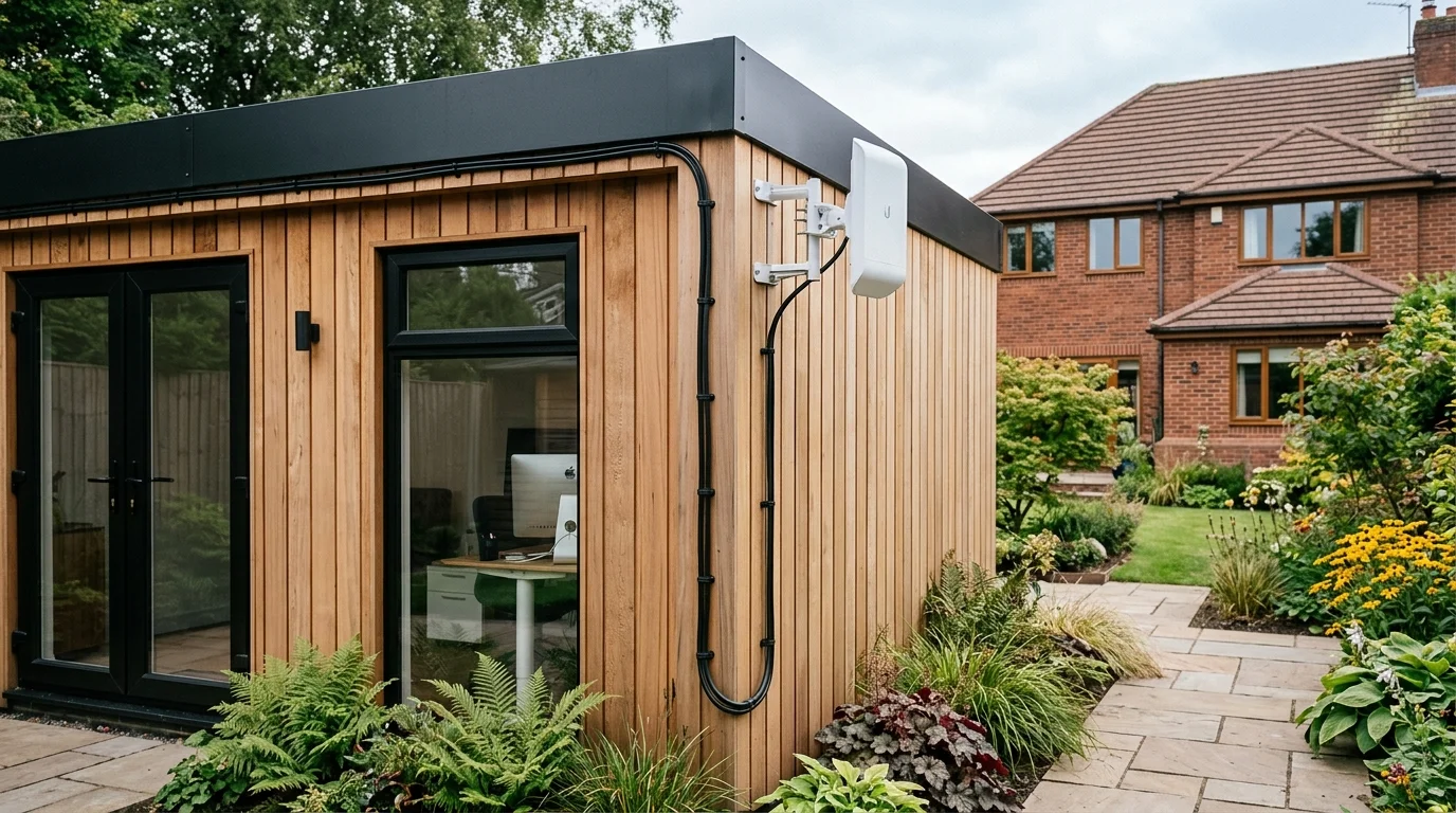 Outdoor point-to-point wireless directional bridge antenna mounted on cedar-clad garden studio in Broken Stone Road Livesey