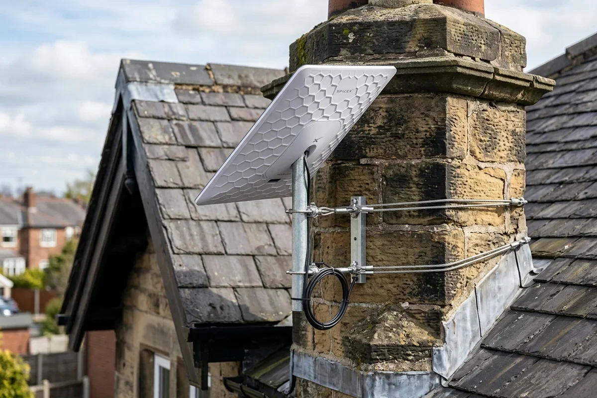 Starlink dish on roof in Lostock Hall on brick chimney with non-drill lashing cradle overlooking town