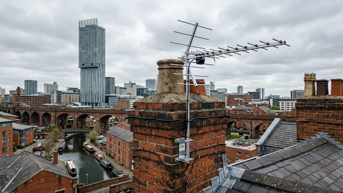 Professional digital TV aerial installation in Manchester with high-gain benchmark aerial and heavy-duty storm bracket
