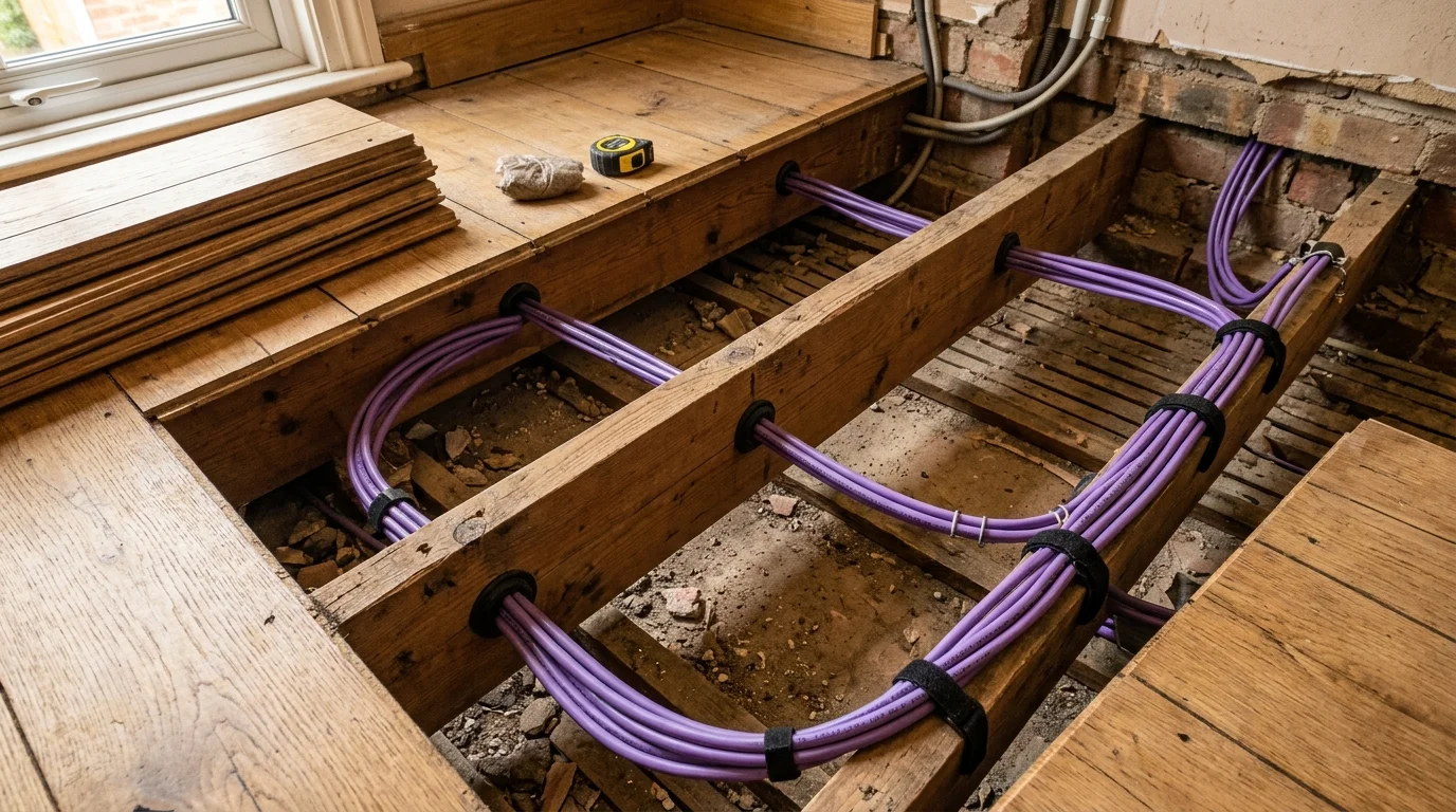 Compliant timber floor joist drilling for data cabling according to UK Building Regulations Part A