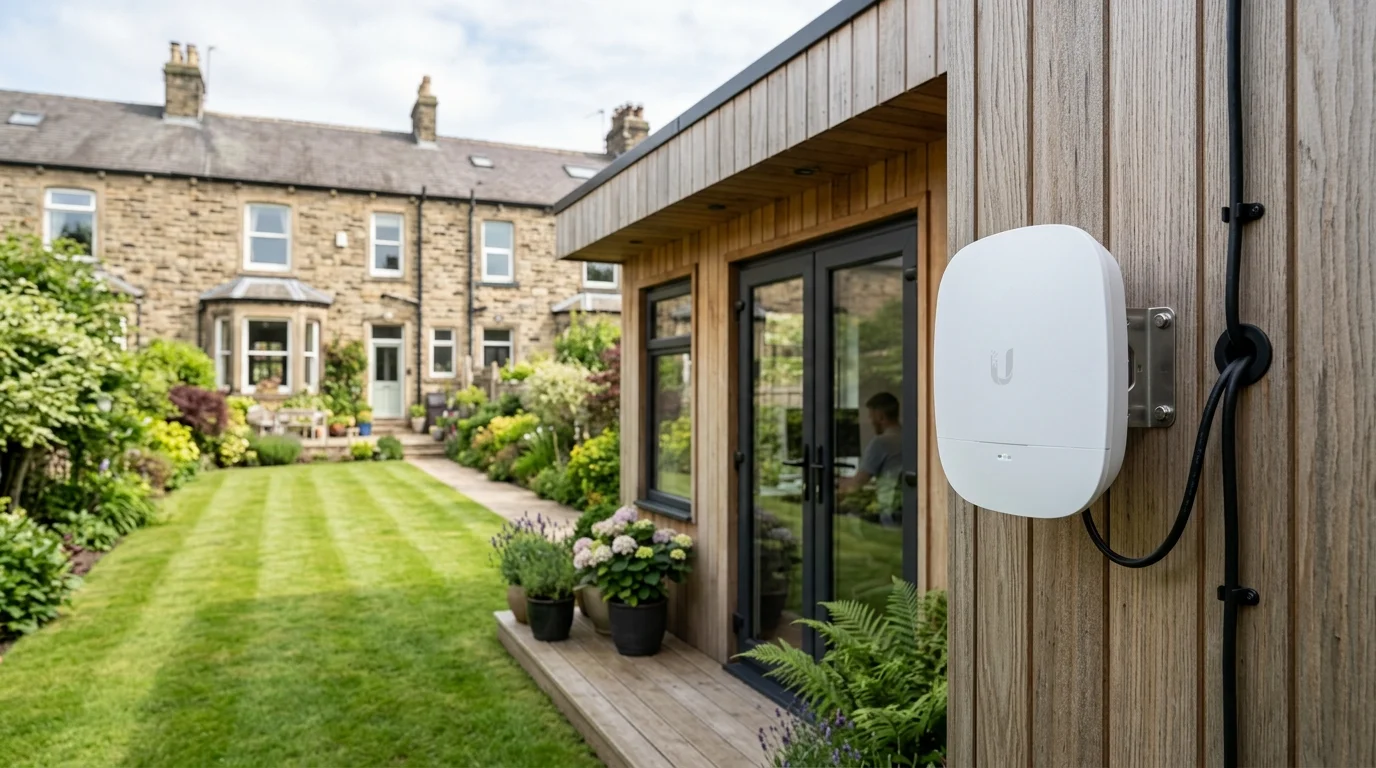 High speed wireless point-to-point bridge installed on an exterior wall in Mellor