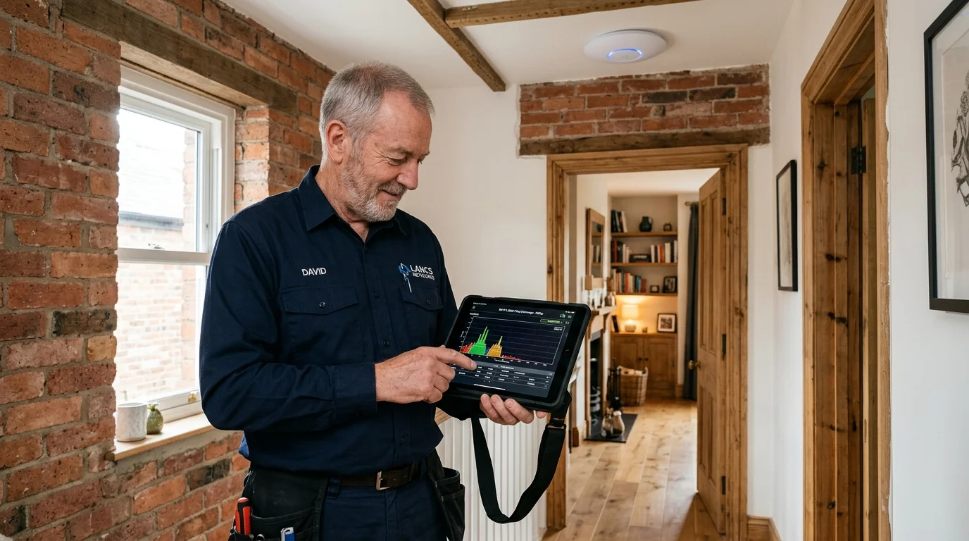 Commercial Ubiquiti UniFi Wi-Fi 6 access point installed in a Mellor BB2 residence