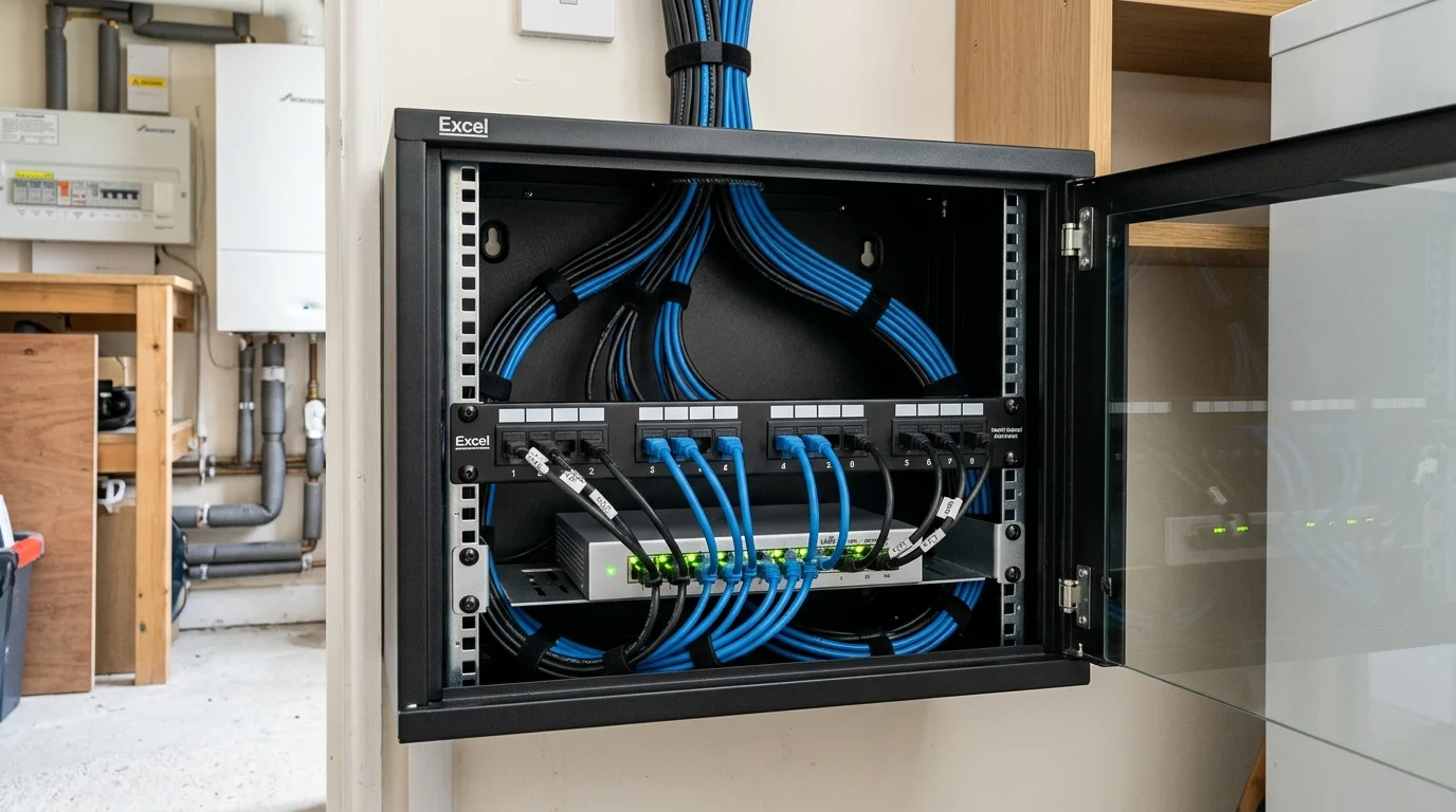 Central patch panel and PoE switch distribution rack in a Mellor property