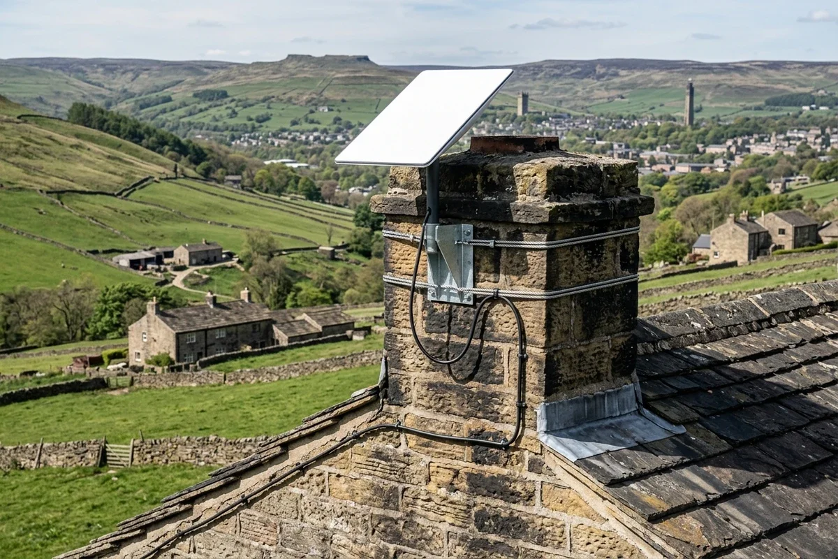 Starlink dish on roof in Meltham on brick chimney with non-drill lashing cradle overlooking town