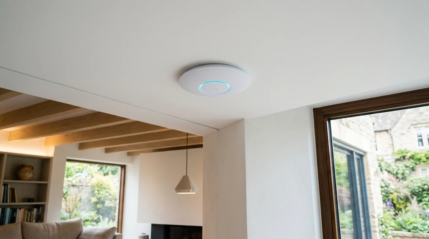 Ubiquiti UniFi ceiling access point installed flush on white plasterboard