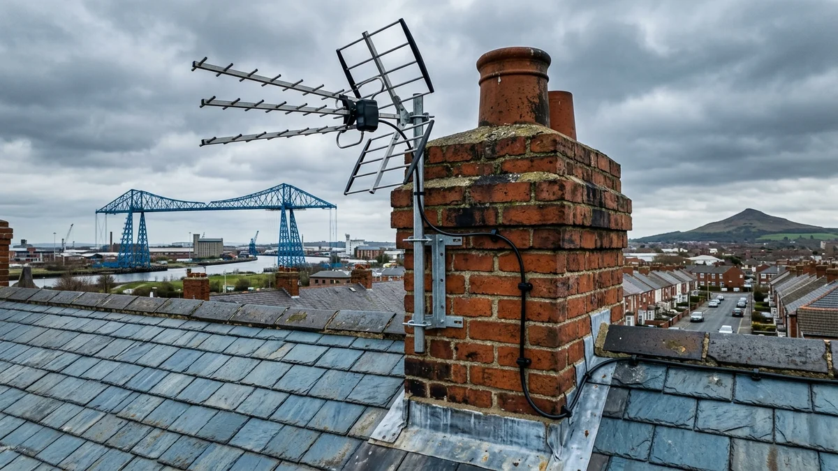 Professional digital TV aerial installation in Eston on traditional British chimney stack with galvanized Pennine storm brackets