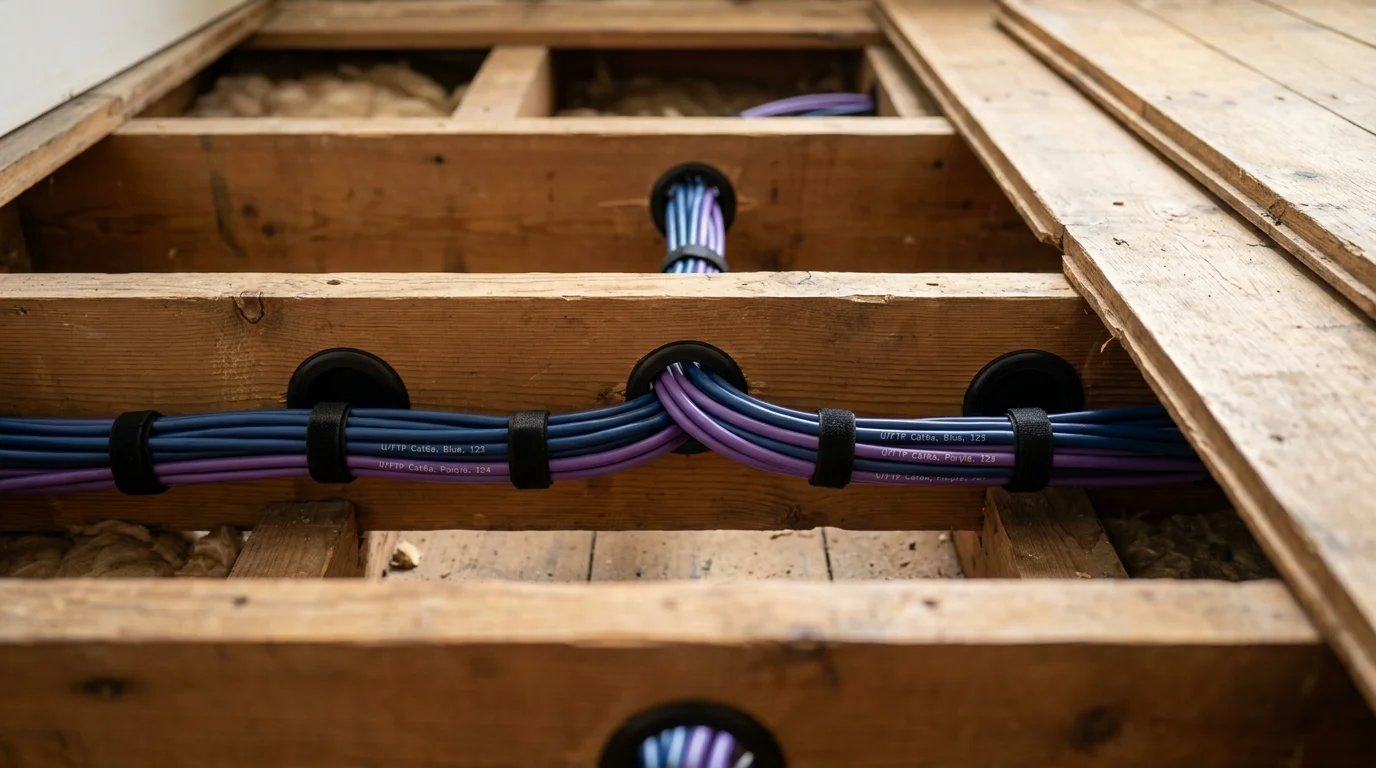 Neat bundle of Cat6a solid copper data cables passed through smooth protective nylon grommets drilled centrally through floor joists in a Mill Hill home