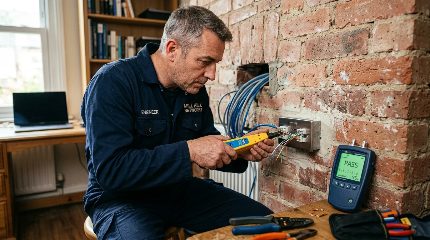 Expert network engineer terminating solid copper Cat6 cable into a brushed steel dual RJ45 faceplate on Victorian brick in a Mill Hill home office with Fluke tester showing PASS